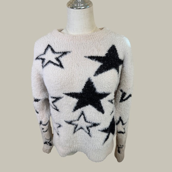 Pilcro and the Letterpress Sweaters - Pilcro Anthropologie Star Eyelash Knit Fuzzy Oversized Sweater Cream Black M